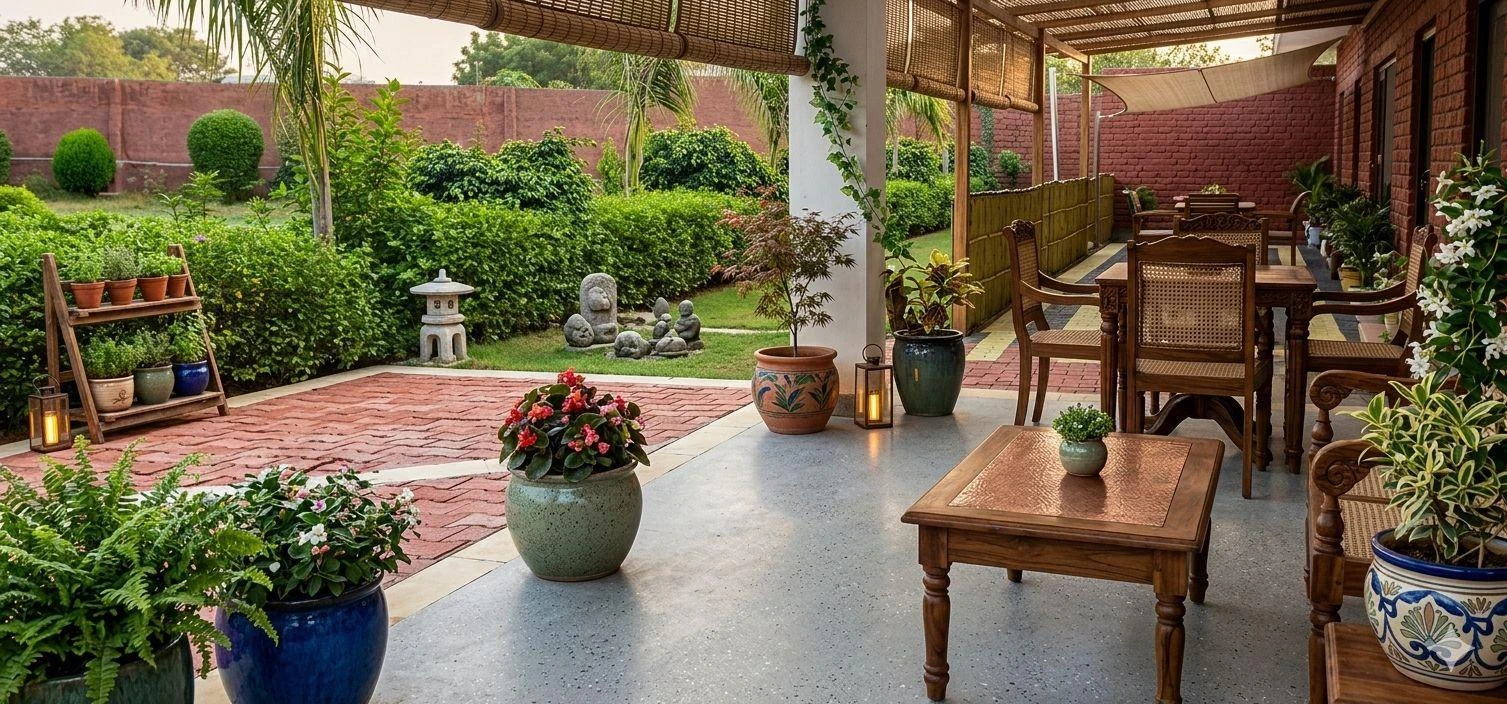 Hotel exterior with garden and swimming pool
