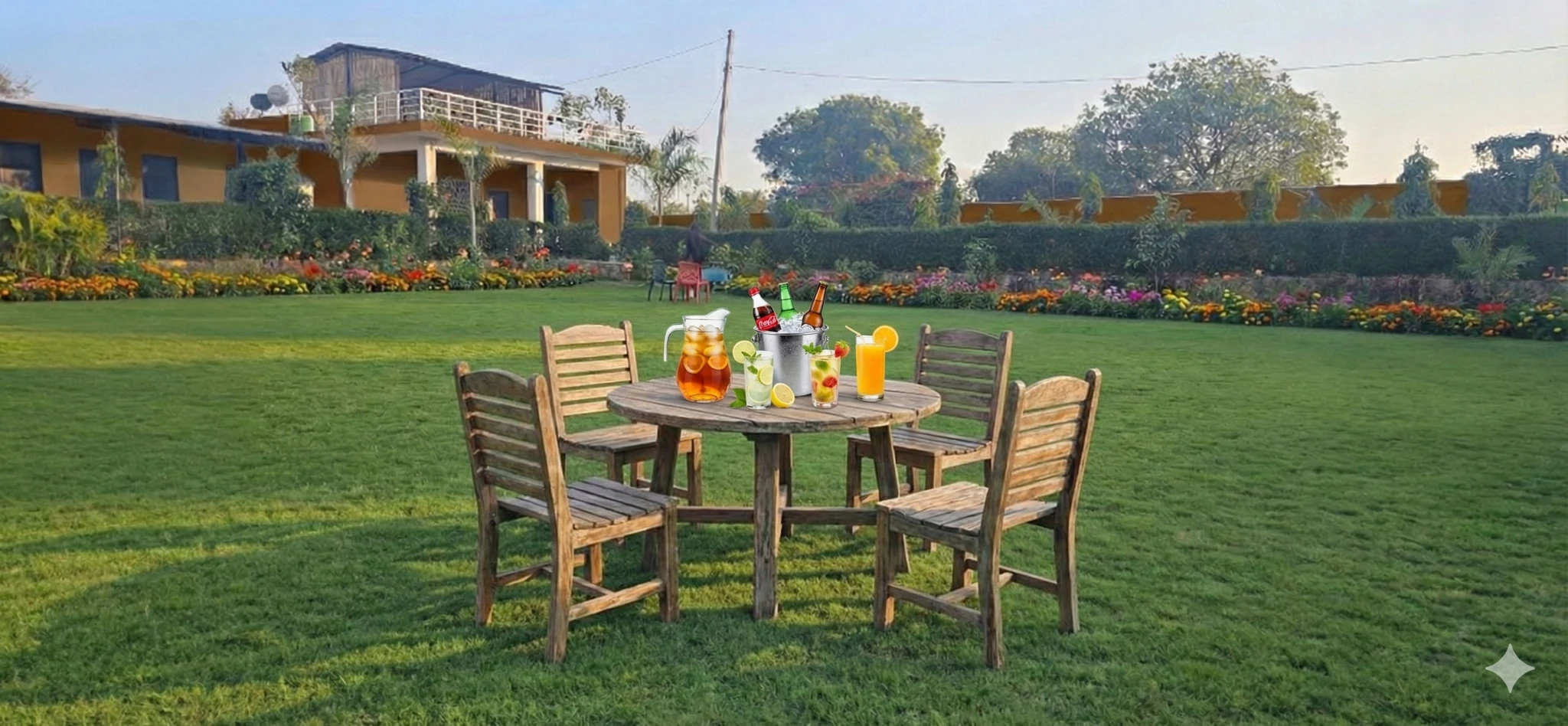 Outdoor swimming pool with seating area